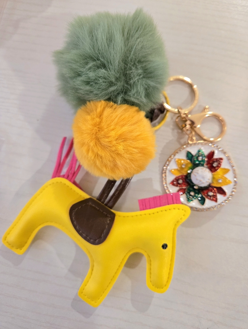 Yellow Pony & Sombero Charm with Pom-Poms, Keychain Charm - Unbranded